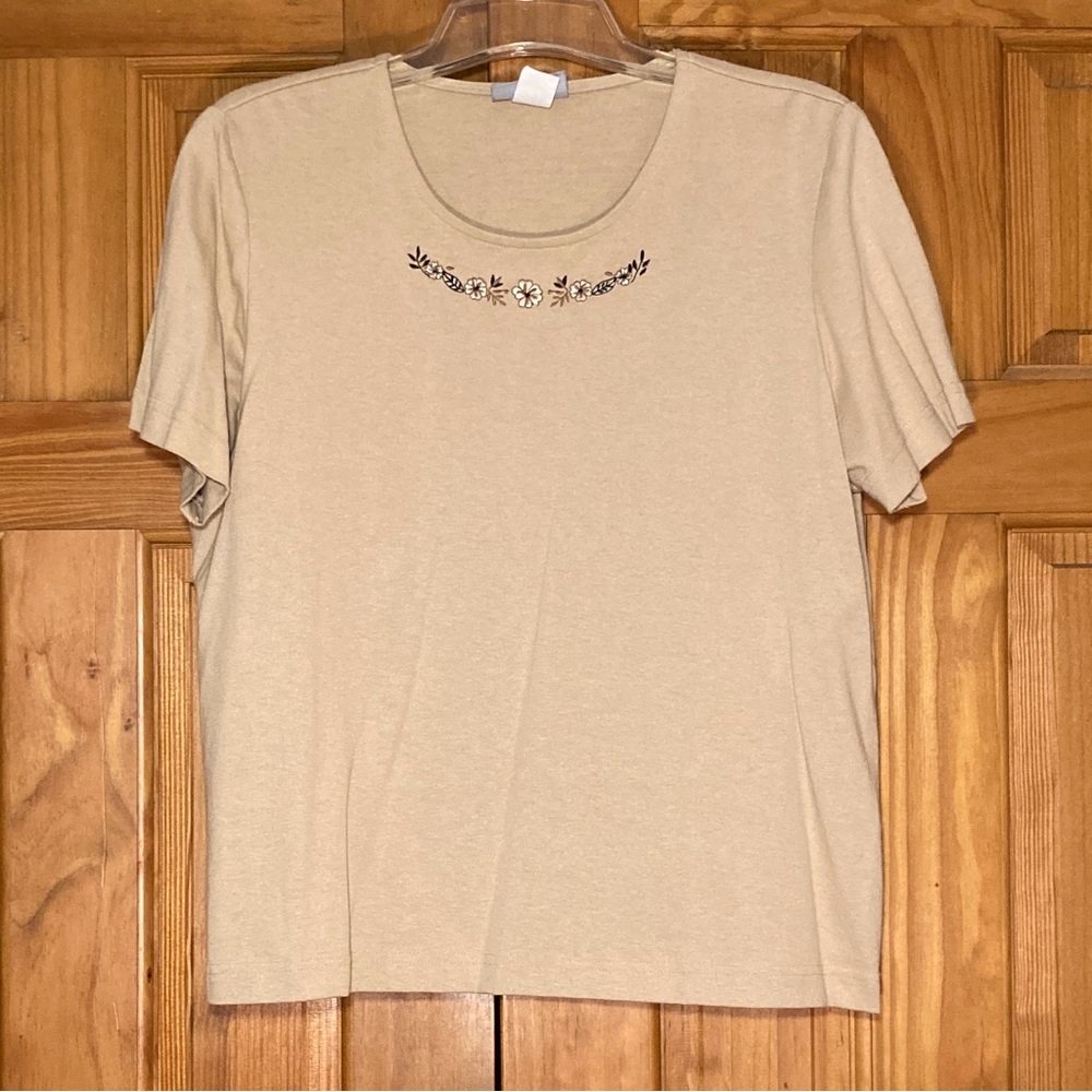 NWOT Blair Vintage 90s Embroidered Top Short Sleeve Blouse Tan Size L Large